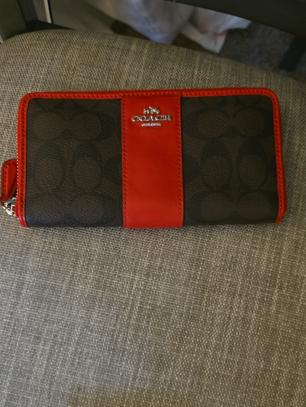Coach Brown Signature Zip Wallet with Red Trim